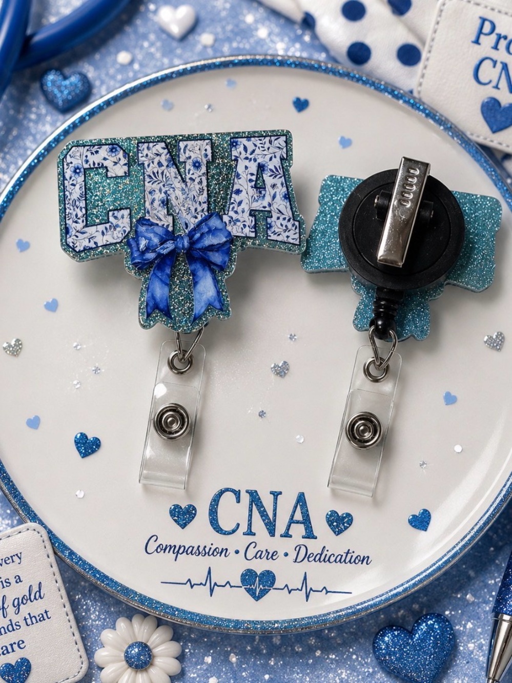 Hand Crafted CNA Badge Reel Key & Card Holder - Blue Glitter Floral